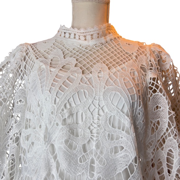 #A284 N BY NANCY Romantic White Puff Sleeve Crochet Lace Dress NWT L - Picture 2 of 8